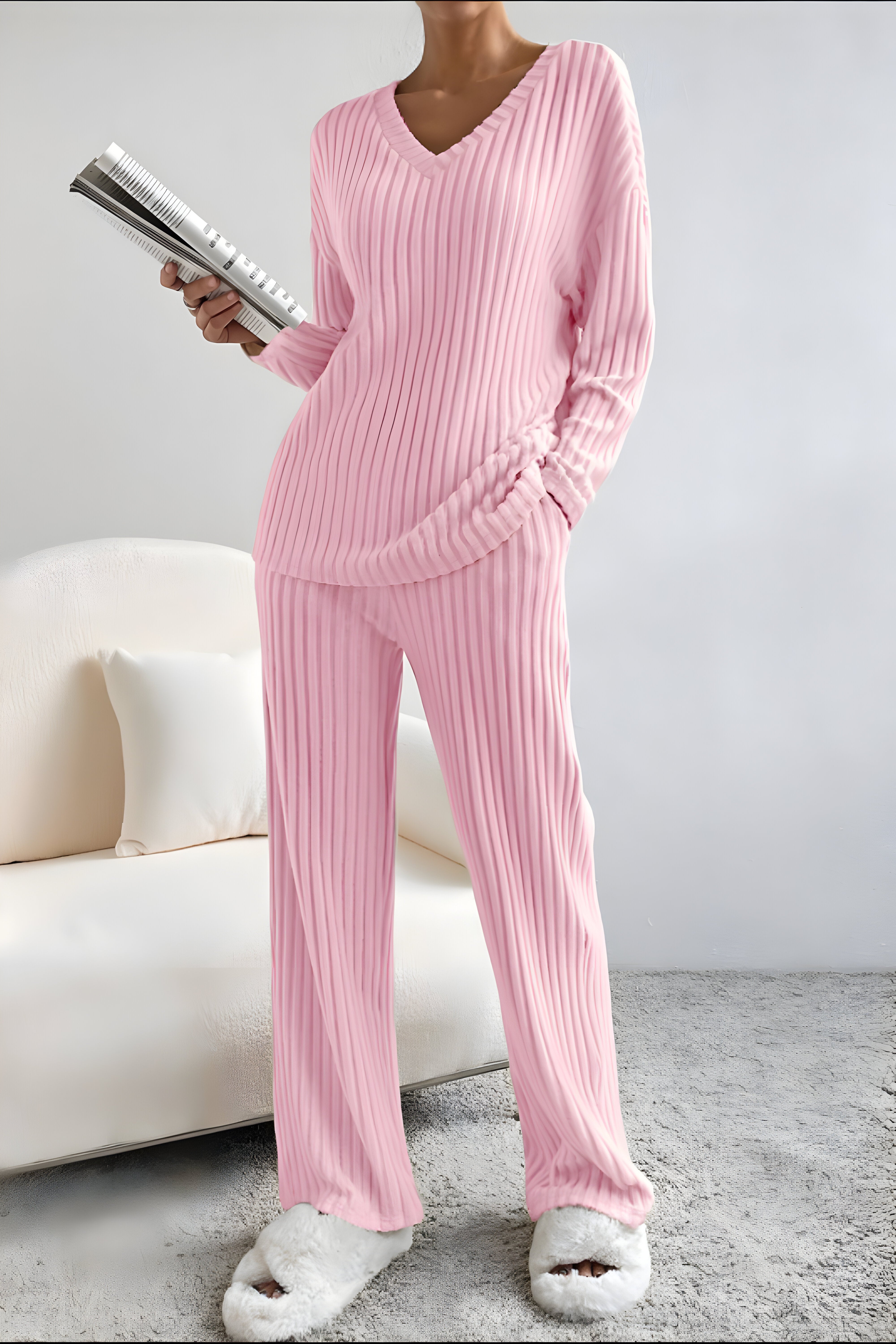 Ribbed V-Neck Top and Pants Lounge Set