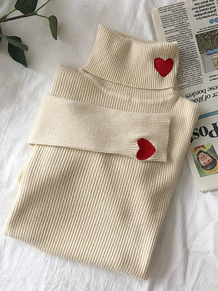 Knitted Heart Embroidery Turtleneck Sweater