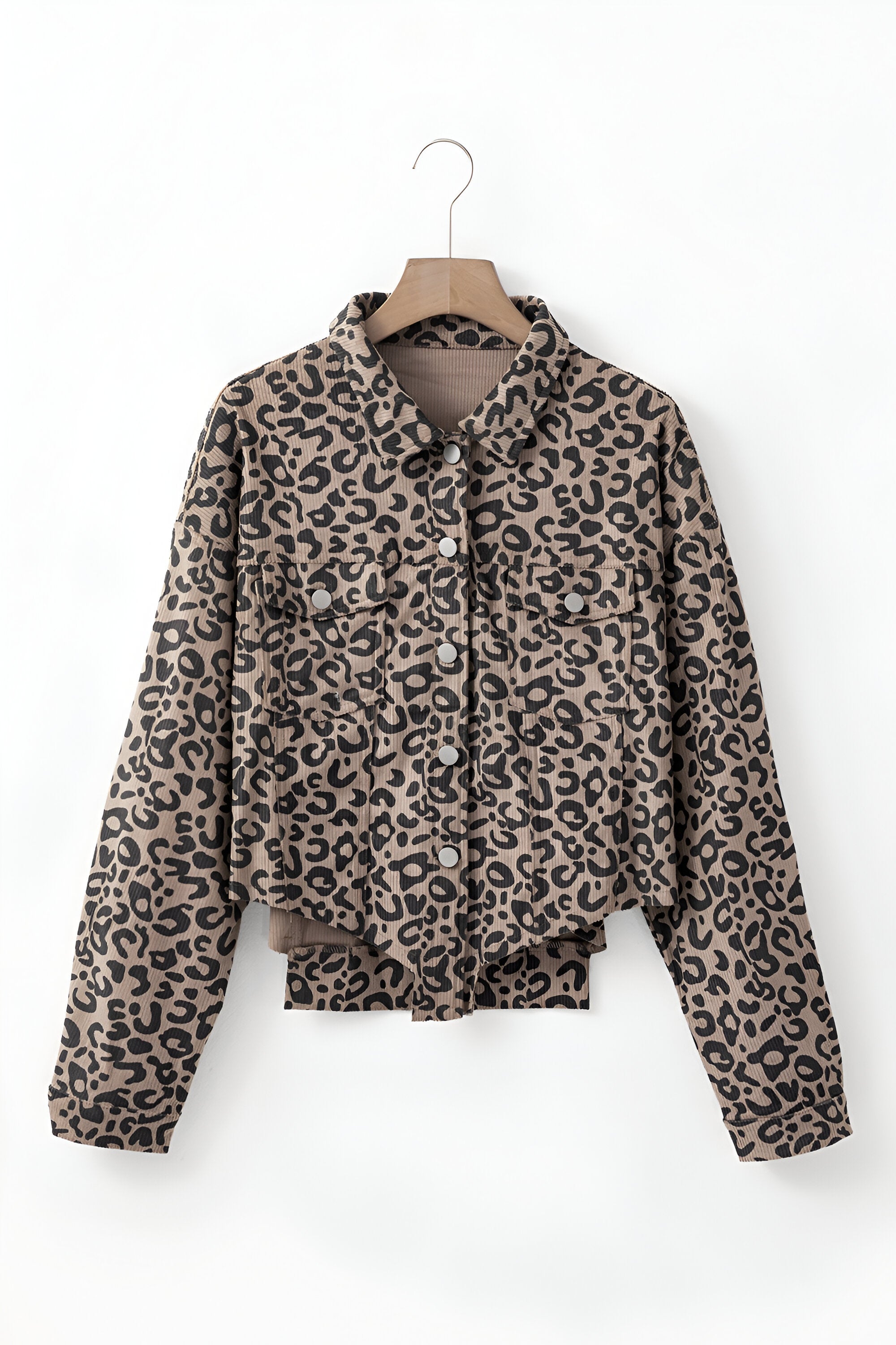 Asymmetrical Hem Collared Neck Leopard Jacket