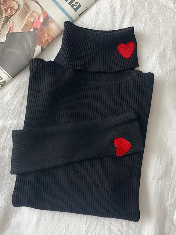 Knitted Heart Embroidery Turtleneck Sweater