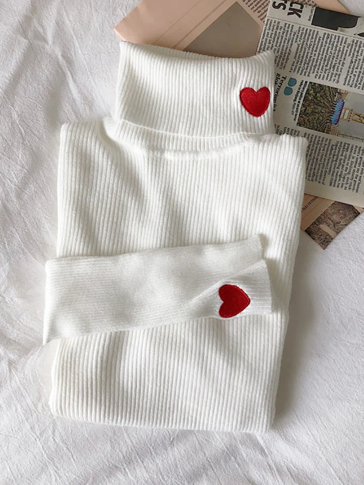 Knitted Heart Embroidery Turtleneck Sweater