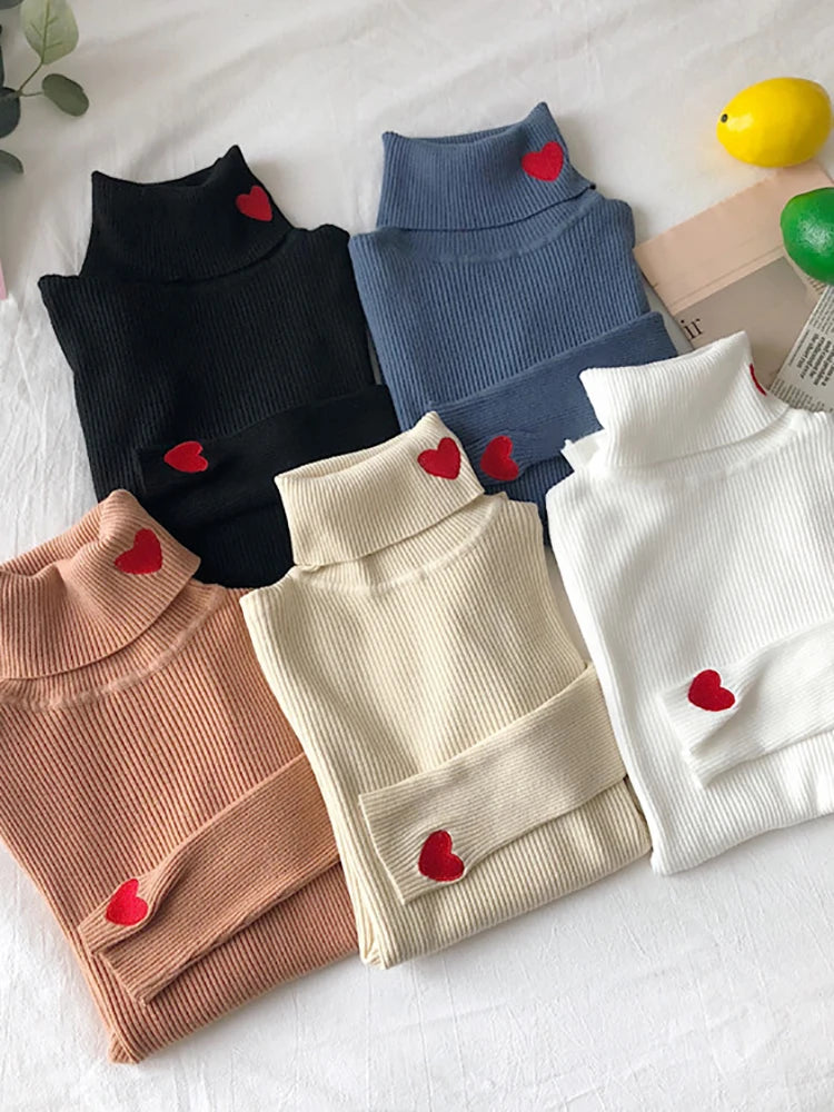 Knitted Heart Embroidery Turtleneck Sweater