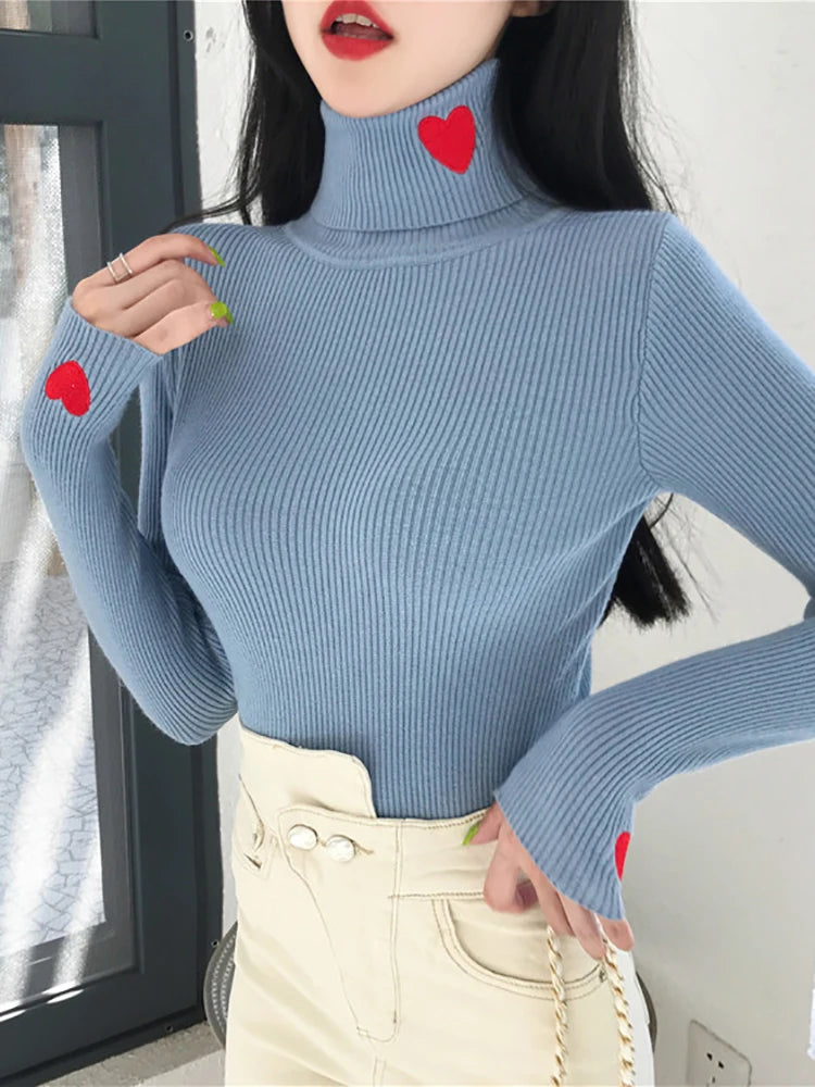 Knitted Heart Embroidery Turtleneck Sweater